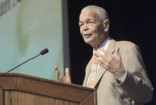 Civil rights leader and activist Julian Bond speaks in the Student Center Ballroom for the 13th annual Martin Luther King Jr. Celebration on Thursday, Jan. 22, 2015.