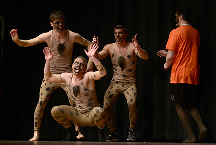 Members of the Pi Kappa Alpha fraternity play three hyenas in the thier version of "The Lion King" during the Delta Zeta lip sync on March 1, 2014.