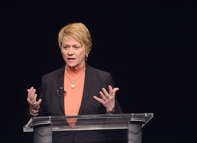 Kent State President Beverly Warren wraps up the Listening Tour she started when she first got to Kent in the Wright-Curtis Theatre on Tuesday, Feb. 3, 2015. Warren said that many of those she spoke to voiced similar concerns like racial diversity on campus, expanding growth and expanding the credit cap.