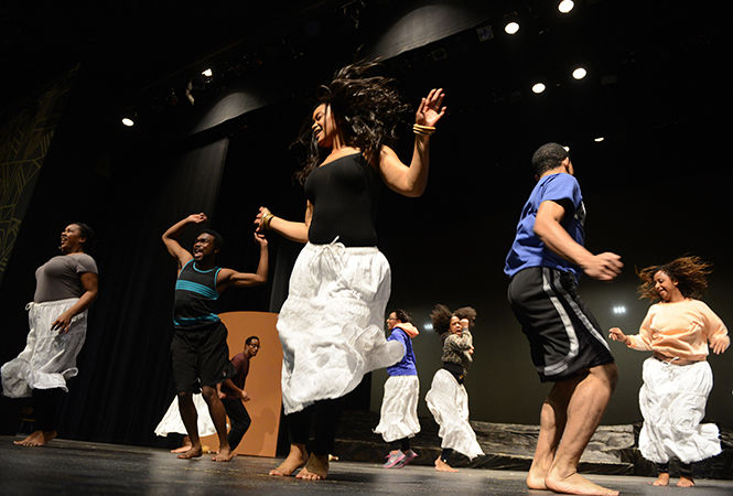 The cast of "My Heart is the Drum" rehearses in E. Turner Stump Theatre on Tuesday, Feb. 10, 2015. The production will run on weekends starting Feb. 20 and run until March 1.