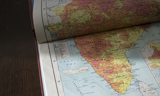 A map of India sits on a table at the map library on Thursday Feb. 12, 2015. The map library, located in 410 McGilvery Hall, contains a wide variety of maps and atlases.