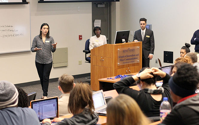 Alexandra Valverde, member of the JMC Student Voice Team, begins the discussion of different issues in the media during the student only event, Real Talk: Uncut, in Franklin Hall on Monday, Feb. 9, 2015.