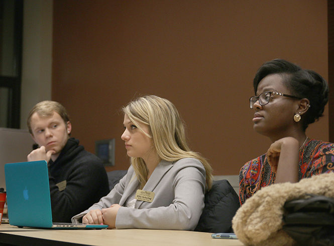 Sophomore advertising major Tyler Lunato (left), sophomore advertising major Ellie Schering (middle), and junior public relations major Breyanna Tripp (right) attend a Student Voice Team meeting in Franklin Hall on Feb. 2, 2015 . The Student Voice Team, a link between JMC’s students and faculty work together to talk about concerns, problems and questions regarding the university with a focuses on diversit and helping students in every type of academic field.