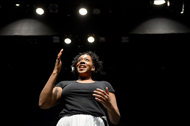 Colleen Longshaw, graduate theatre studies student and member of the Actors Equity Association, rehearses her part as "Nana" in the play "My Heart is the Drum" in E. Turner Stump Theatre on Tuesday, Feb. 10, 2015.