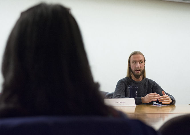 Senior digital sciences major Walter Robins speaks to students about how he got started in the major at the digital sciences networking event “Destination Found!” in the Student Center on Wednesday, Feb. 11, 2015. Robins said that with a degree in digital sciences, students get a good mix of computer programing, software development, business, design and more that in today's job market is what employers look for.