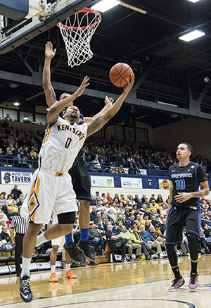   Kent State senior Devareaux Manley shoots and misses as the flashes are down 41-50 in the second half of Saturday’s game against Buffalo, Feb. 28, 2015.