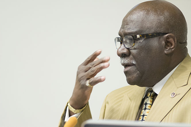 Clarence Bozeman, former driver for Martin Luther King Jr., speaks in the First Energy Auditorium in Franklin Hall on Wednesday, March 4, 2015. For two years, Bozeman drove the civil rights leader and King's wife, Coretta Scott King. 