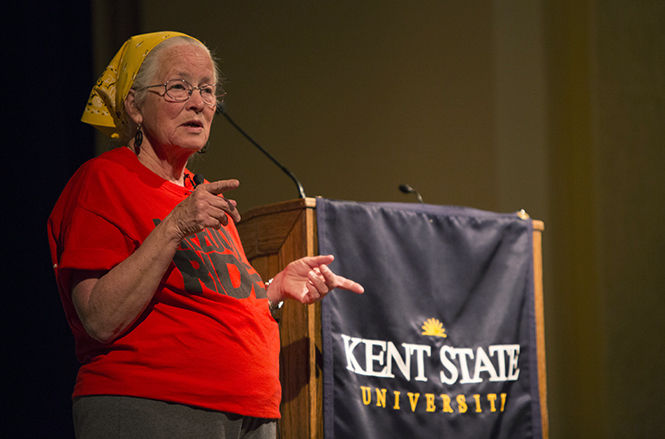 Freedom Rider Joan Mulholland speaking to an audience at the KIVA. Mulholland and her son, Loki (not pictured) spoke about her time as a Freedom Rider during the American Civil Rights movement. March 9, 2015.