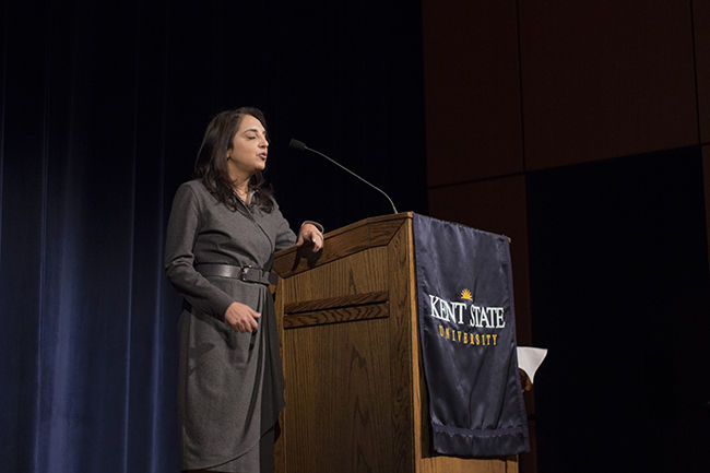 Sheena Iyengar, keynote speaker at the Spirit of Women in Business Conference, discusses choices in the Kiva on Wednesday, March 4, 2015.