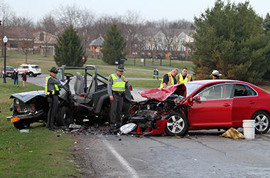 An accident occurred on Loop Road in front of WKSU on Wednesday, April 8, 2015. The red vehicle went left of center and hit the Jeep head-on. Multiple injuries were reported.