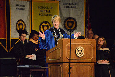 Beverly Warren speaks at her presidential inauguration ceremony, held in the M.A.C. Center on May 1, 2015.