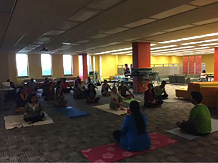 Pooja Shrivastava and volunteer Aditya Jindal, members of The Art of Living Foundation, lead participants in meditation exercises at the Yogathon on the fourth floor of the library on Sunday, June 21, 2015.