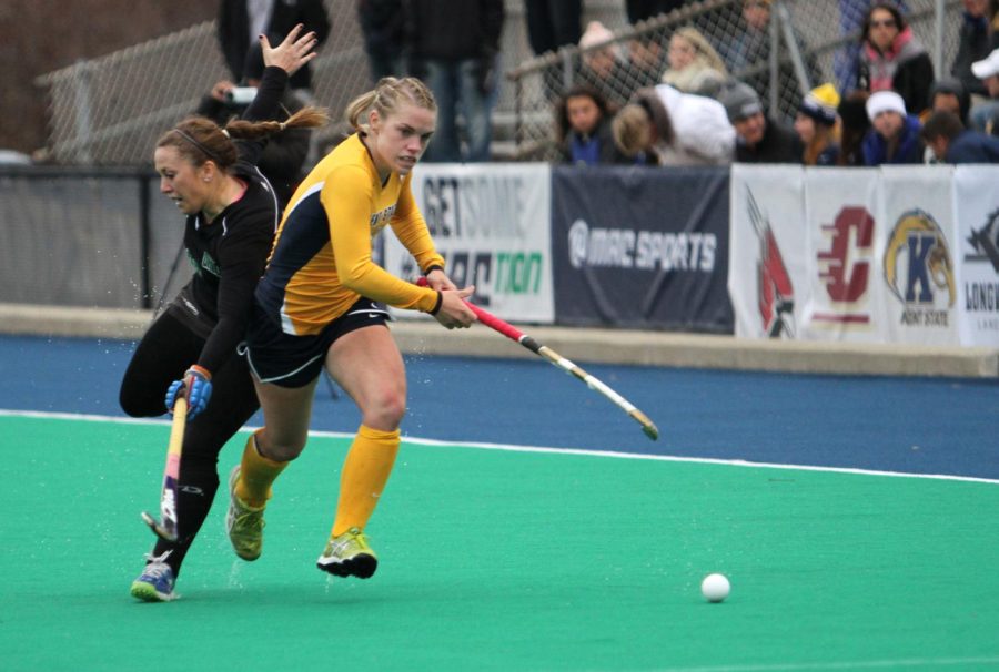 Sophomore forward Madison Thompson races toward the ball during the MAC championship game against Ohio University on Saturday, Nov. 8, 2014. Kent State won the championship, 2-0.