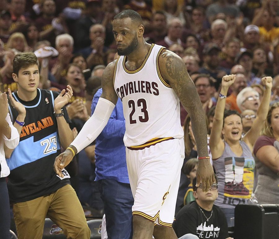 The Cleveland Cavaliers' LeBron James heads to the bench with seconds remaining in the game against the Golden State Warriors in the fourth quarter in Game 6 of the NBA Finals at Quicken Loans Arena in Cleveland on Tuesday, June 16, 2015. The Warriors won, 105-97, to clinch the championship.