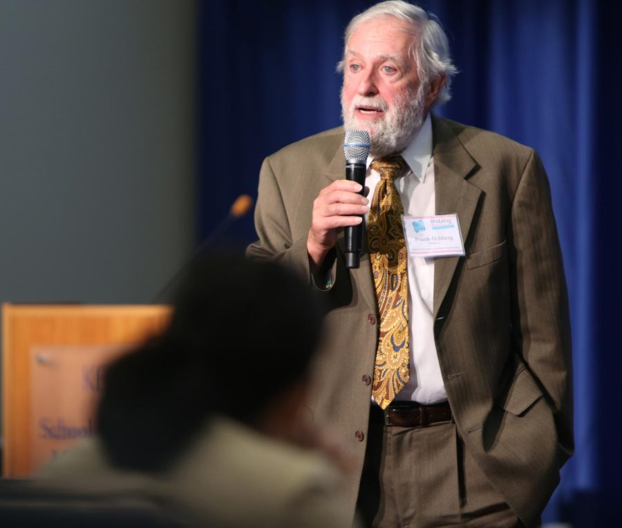 Keynote speaker Frank Ochberg addresses the audience on the effects of PTSD and its effects on journalism in the FirstEnergy Auditorium of Franklin Hall during the 11th annual Media Ethics Workshop on Thursday, Sept. 17, 2015.