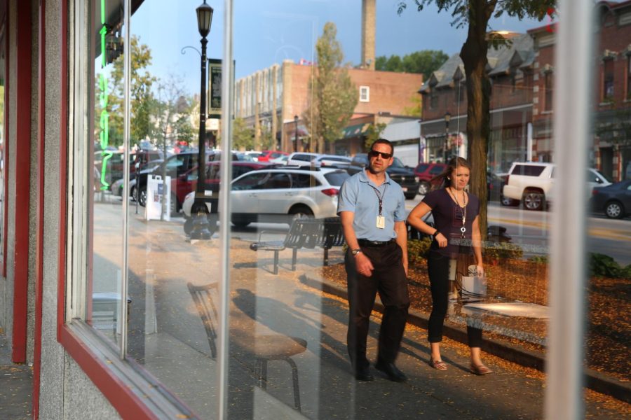 Randy Jayne and his daughter, Alexis Jayne, a Kent State freshman and psychology major, walk through downtown Kent on Tuesday, Sept. 1, 2015.