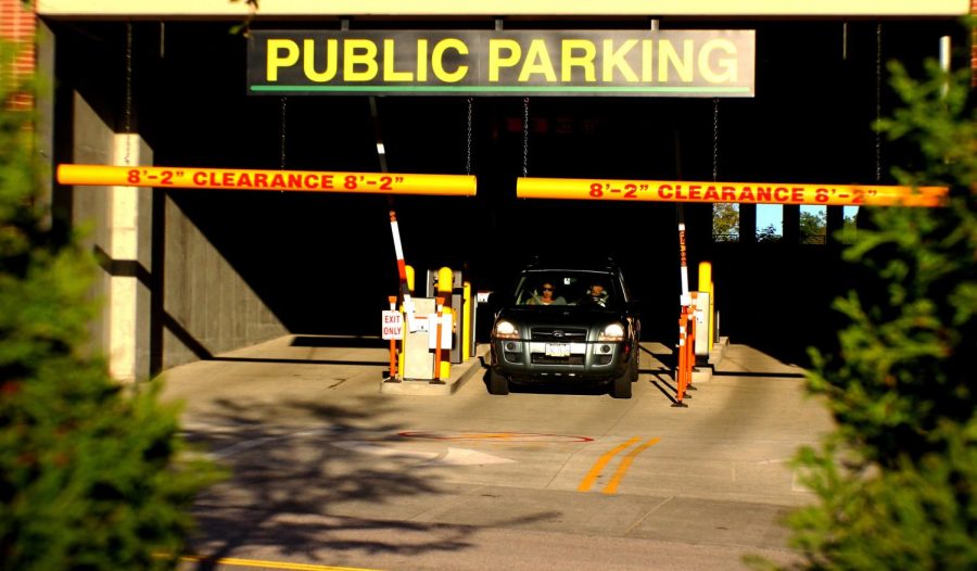 A car pulls out of the parking garage in downtown Kent on Monday Sept. 21, 2015.