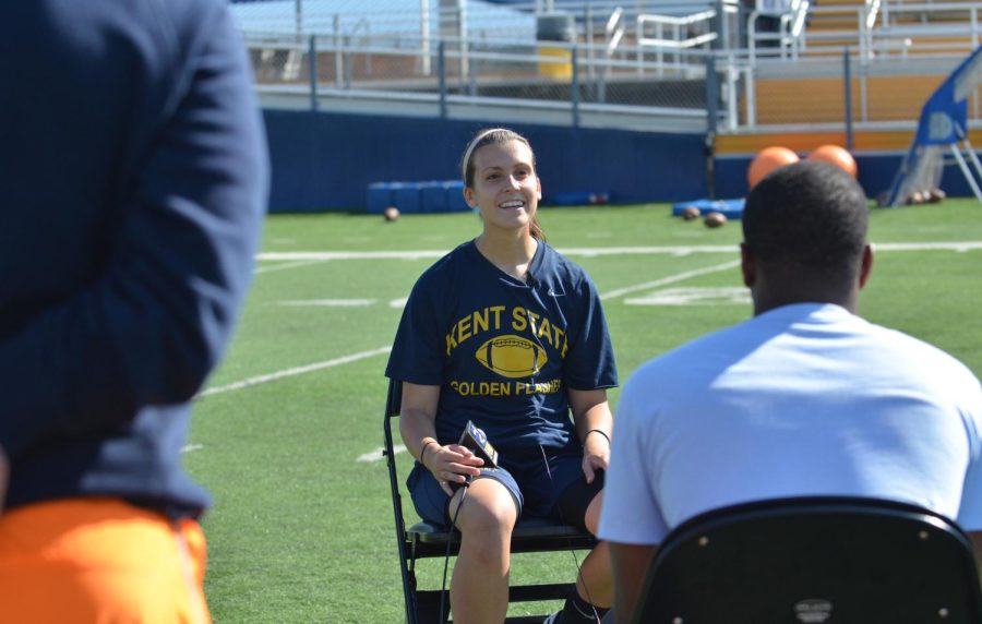 April Goss sits down with Stephen Means, of the Kent Stater, to talk about being the second female to score in college football, on Wednesday Sept 16, 2015 at Dix Stadium.