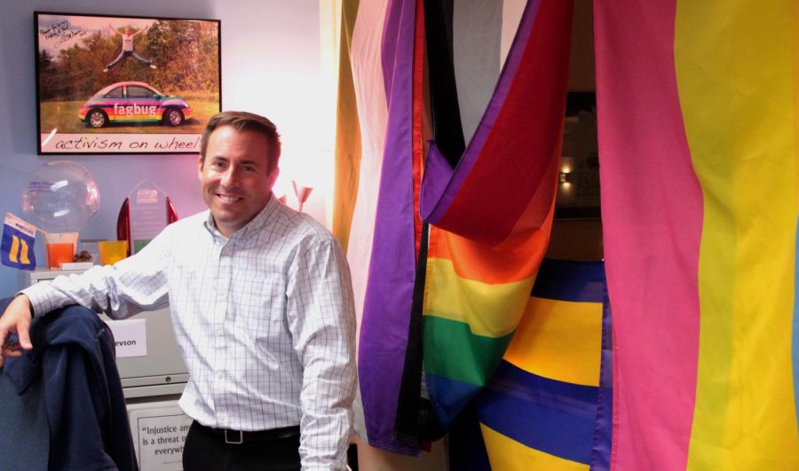 Ken Ditlevson, director of the LGBTQ Center stands in his office. THE LGBTQ Center offers Safe Space Ally training in order to create an inclusive space on campus for all people.