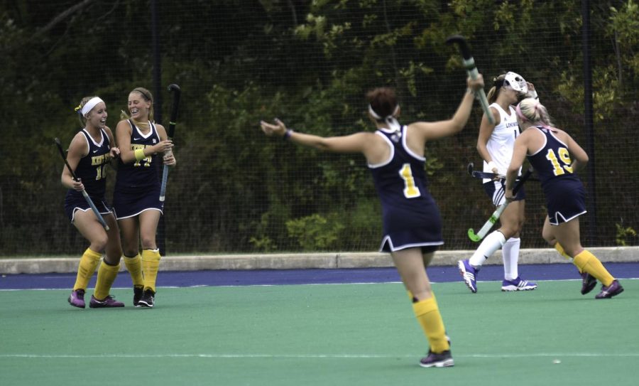 The Flashes celebrate a goal scored by Caroline Corthouts #17, senior, in the game against Longwood University at Murphy-Mellis Field on Sunday Sept 27, 2015. The game ended with a win for the Flashes, 5-1.