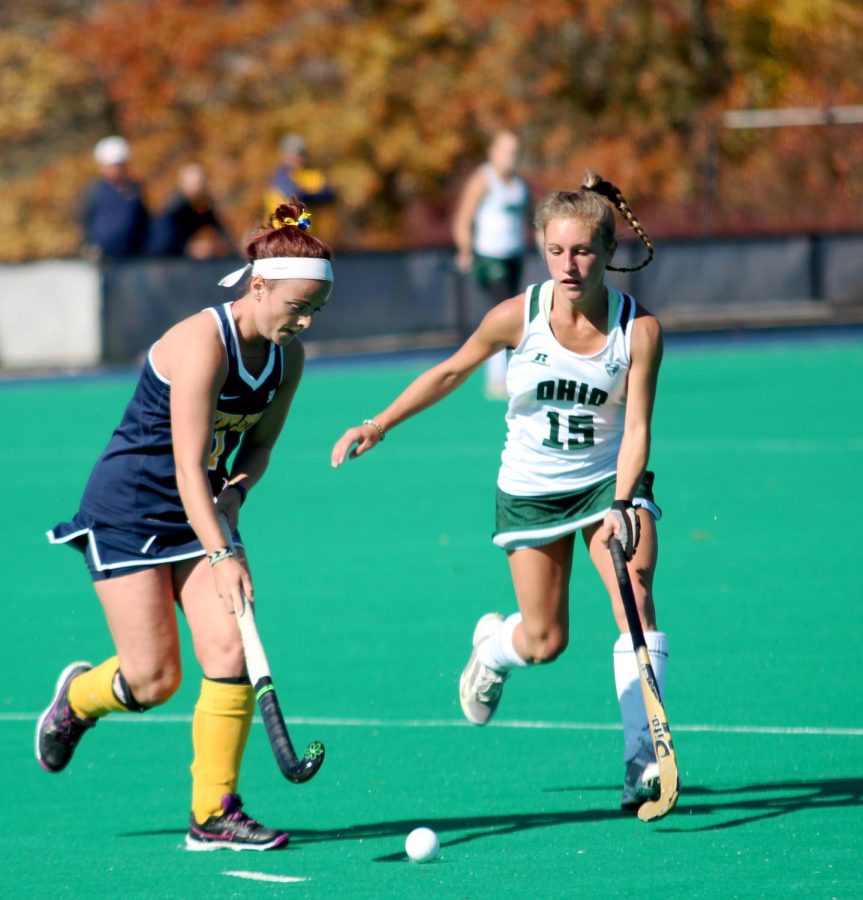 Senior midfielder Jessica Nesbitt chases down the ball against Ohio University Friday, Oct. 23, 2015.