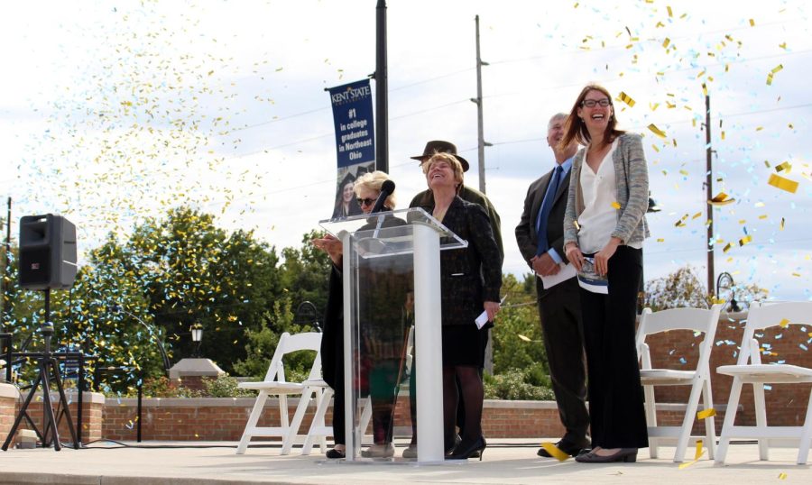 Kent State President Beverly Warren, Dean of Arts and Sciences James Blank, State Representative Kathleen Clyde and donors Jack and Joy Timken celebrate as confetti is shot for the Integrated Science building Groundbreaking event Friday, Oct. 2, 2015. The confetti was shot out to symbolize the groundbreaking of the new science building that will soon be built on campus.