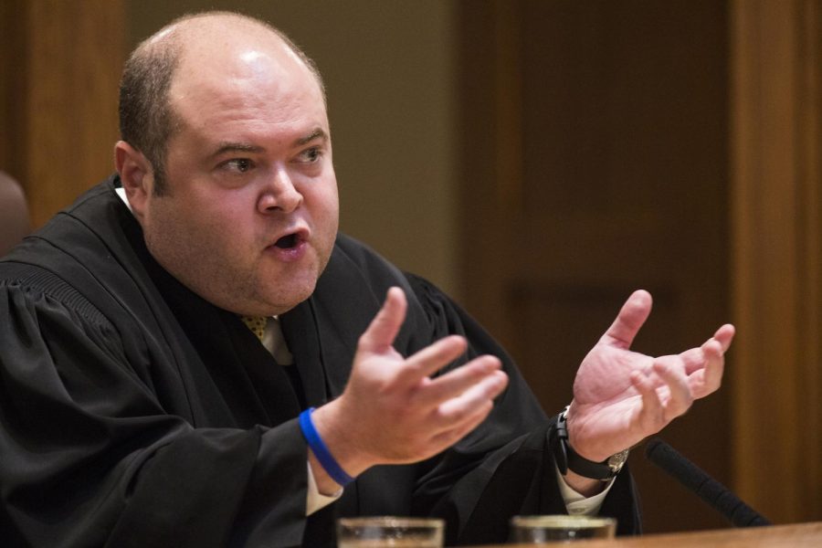 Associate Justice David Stras of the Minnesota Supreme Court speaks during an appeal hearing on the Byron Smith case at the Minnesota Judicial Branch building on Thursday, Sept. 3, 2015 in St. Paul, Minn. Defense attorneys for Byron Smith, who was convicted of killing two teenage intruders in his Little Falls home, filed an appeal with the Minnesota Supreme Court arguing that Smith's trial was riddled with mistakes from the original indictment, through the trial and right up to the prosecutor's closing arguments. 