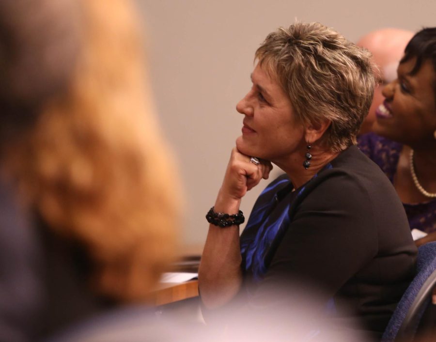 Taylor Award Winner, Christine Plonsky, watches a video put together for her during the JMC Awards in Franklin Hall on Friday Oct. 2, 2015.