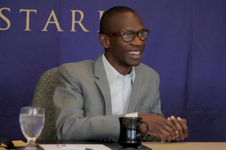 Troy Carter founder of the Atom Factoryspeaks to members of Kent State student media during a press conference held before his speaking engagement as part of The Kent State Stark 2015-2016 Featured Speakers Series at the conference center at Kent State Stark, Tuesday, October 6, 2015.