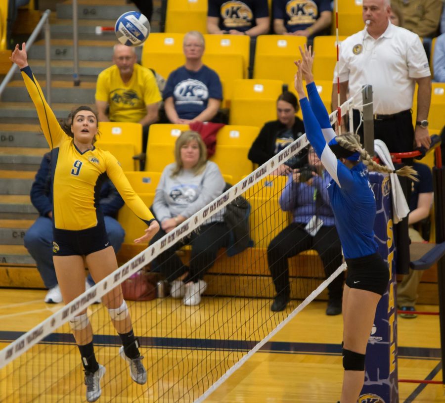 Freshman Lexi Mantas hits the ball during a game against the University at Buffalo on Saturday Nov. 14, 2015.