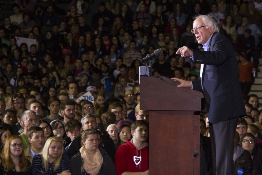 Democratic Presidential Candidate Bernie Sanders speaks to a crowd at his firs campaign rally in Ohio at Cleveland State Universities Wolstein Center. Nov. 16, 2015.