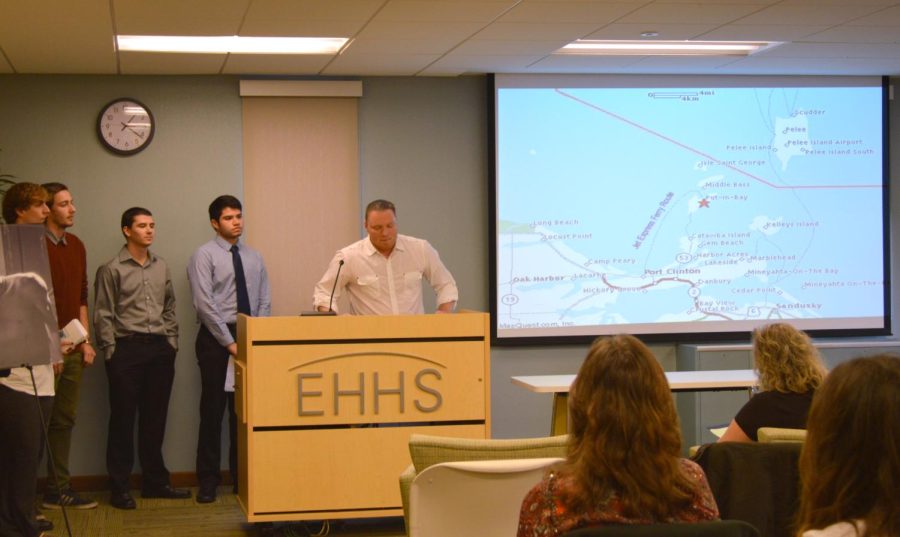 Group members Jason Peskar, Shane Webster, Cara Bakan, Benjamin Fekete, David Collier and Alexander Arauz give an oral presentation titled, "Back to the Bay" on Wednesday, Nov. 18, 2015. The group designed a tour taking participants around Put-In-Bay.