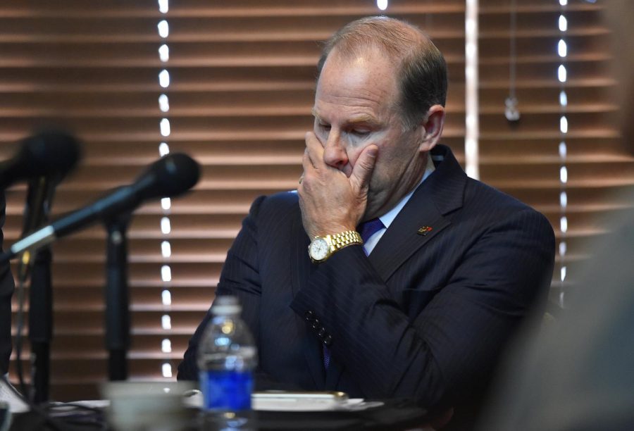 University of Missouri system President Tim Wolfe is present at the board of curators meeting shortly before he announced he would resign his post on Monday, Nov. 9, 2015, due to pressure from students who felt he had not done enough to address recent racial issues on the Columbia campus.