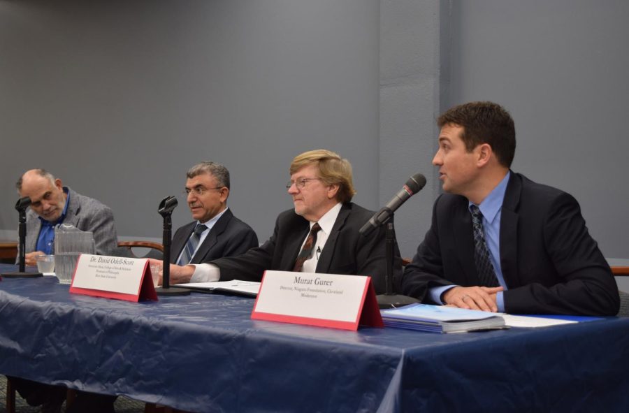 The moderator and panel hosts start the evening off with talk on religious backgrounds at a Respect for Sacred vs Freedom of Speech event on Wednesday, Nov. 4, 2015.