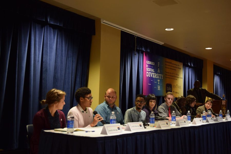 From left to right, Janelle Nafziger, Jordin Manning, Kris Herman, Emmanuel Jackson, Suzy D'Enbeau, Nick Larson, Rev. Avery Danage, Alice Freitas, Rev. Julie Blake Fisher and Moderator Kelvin Barry sit on a panel at the Kent Talk titled “Gender and Sexual Diversity in Religion” on Tuesday, Nov. 17, 2015.