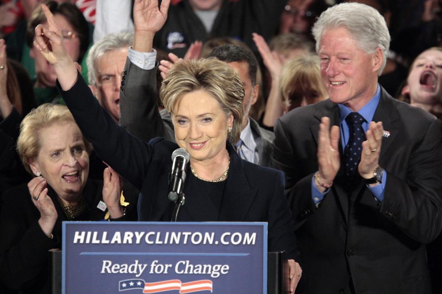 Democratic presidential hopeful, Sen. Hillary Clinton, D-N.Y., and her husband, former president Bill Clinton, speaks to supporters at her caucus night party Thursday, Jan. 3, 2008, in Des Moines, Iowa.