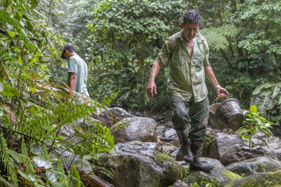 Olger Campos, right, walks over the wet, slippery rocks to fill buckets with cement while working along the San Lorencito River on Monday, Jan. 4, 2016. 