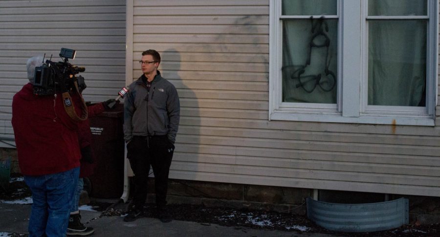 Sigma Chi chapter president, Jimmy Gross, talks to Fox 8 news after a vandalism incident which occurred early Monday morning. Tues. Jan, 19, 2016.