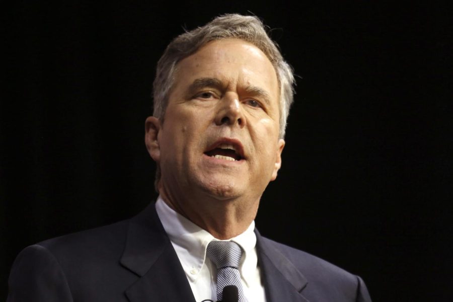 Republican presidential candidate Jeb Bush speaks at a rally in Charleston, South Carolina, including President George W. Bush and and former first lady Laura Bush, on Monday, Feb. 15, 2016.