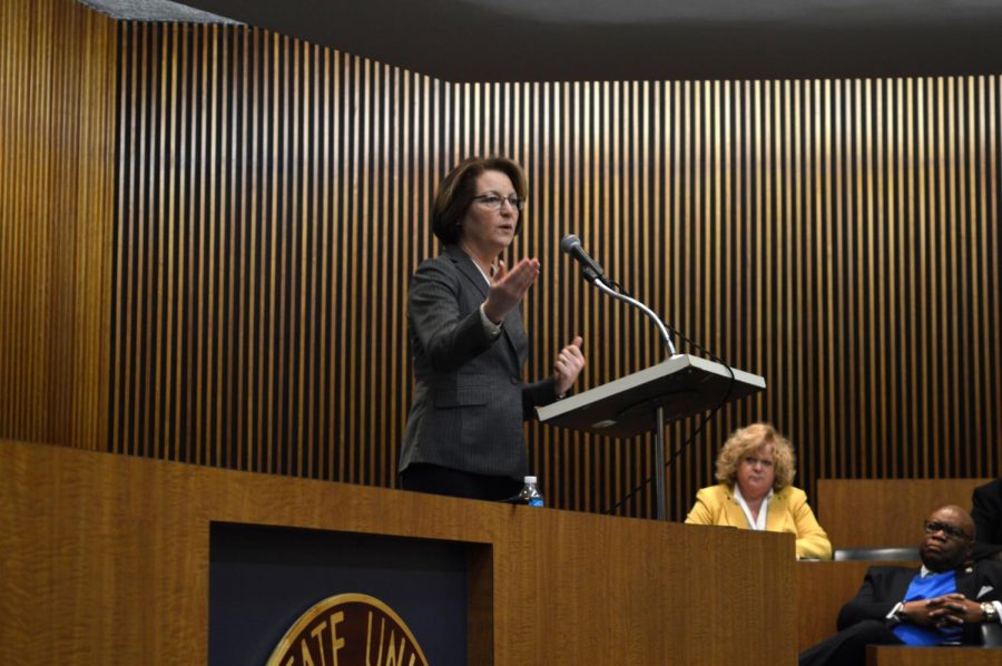 Dr. Margaret Booth speaks and answers questions about her candidacy for dean of EHHS in the Governance Chambers on Friday, Jan. 29, 2016.