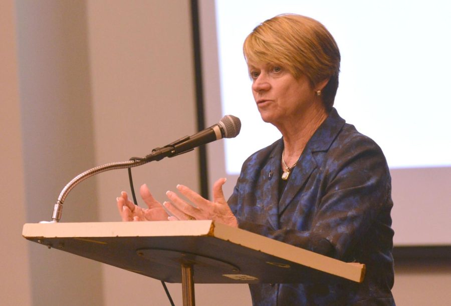 President Beverly Warren makes a statement about the reopening of LaunchNET at Kent State on Thursday, Jan. 28, 2016 in the Student Center. 