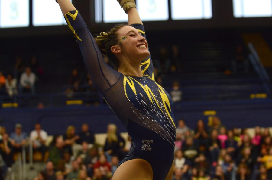 Junior Samantha Gordon performs her floor routine in the M.A.C. Center on Sunday, Feb. 7, 2016.