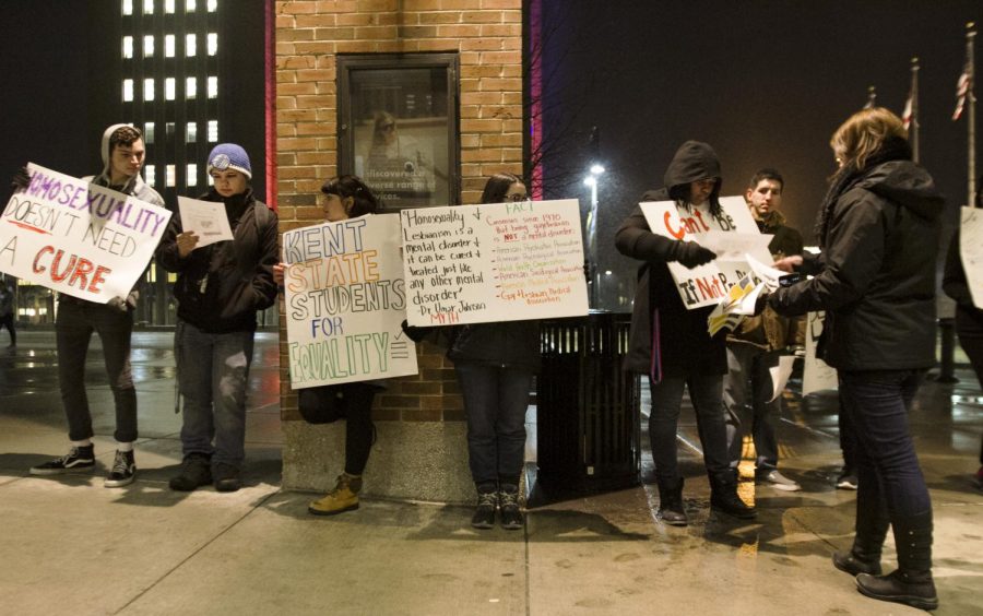 Protestors line up outside the KIVA to show their opposition to Dr. Umar Johnson speaking at the university on Monday, Feb. 8, 2016.