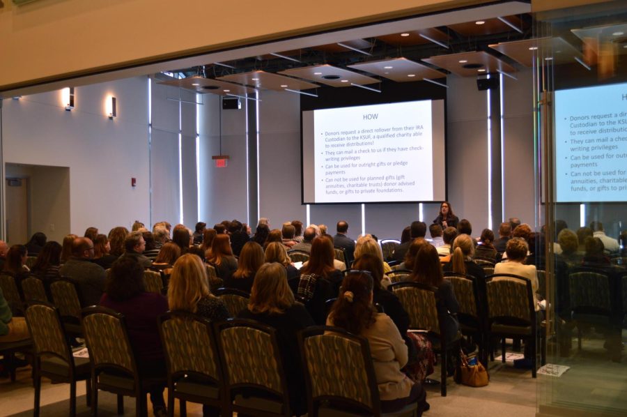 Assistant Vice President Mindy Aleman of the Center for Gift and Estate Planning speaks about the New Gift Annuity Minimums at the first meeting held in the Institutional Advancement Center.