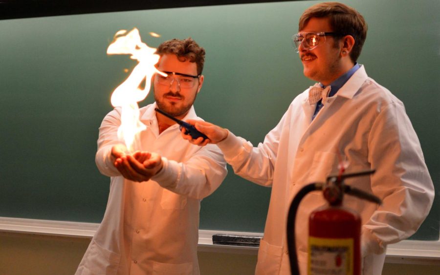 Chemistry students Bogdan Benin and Nick Onuska preform a demonstration for Kent Chemistry Day, Feb. 6, 2016.