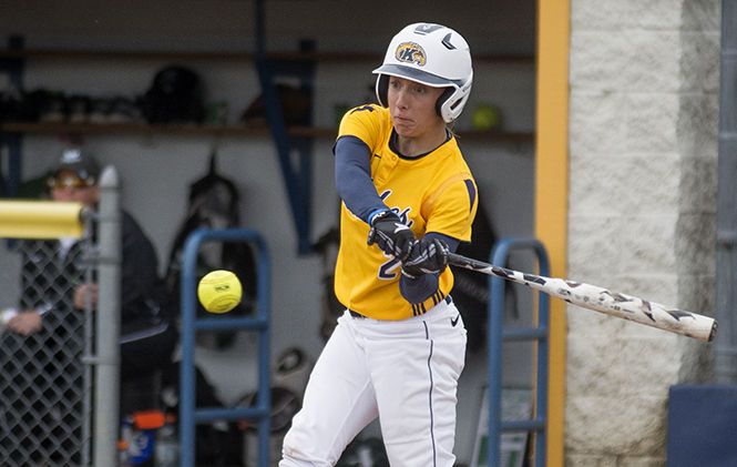  Senior outfielder Kim Kirkpatrick swings at a pitch during game 1 of Kent State’s double header against Cleveland State at the Diamond at Dix on Tuesday, April 14, 2015. Kirkpatrick homered to center field, scoring two runs of Kent’s 10-5 game 1 win.