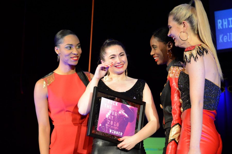 Rock the Runway winner Kelly Nieser tears up as she accepts her award for her Rhinestone Revolution collection on Saturday, Mar. 5, 2016.