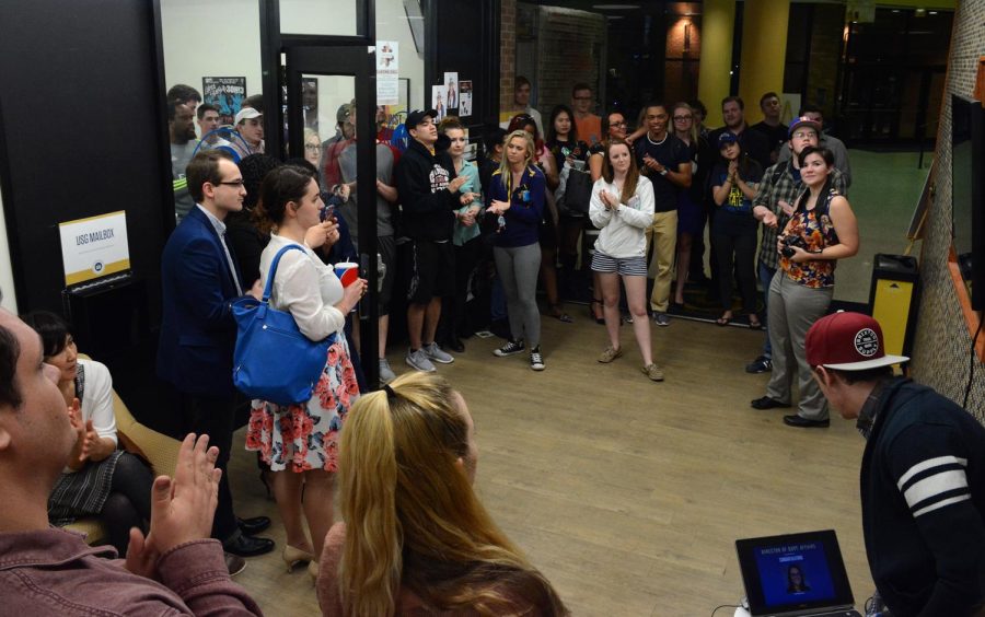 Members of Undergraduate Student Government nervously wait for the results from the elections held from 7am-7pm March 8, 2016.