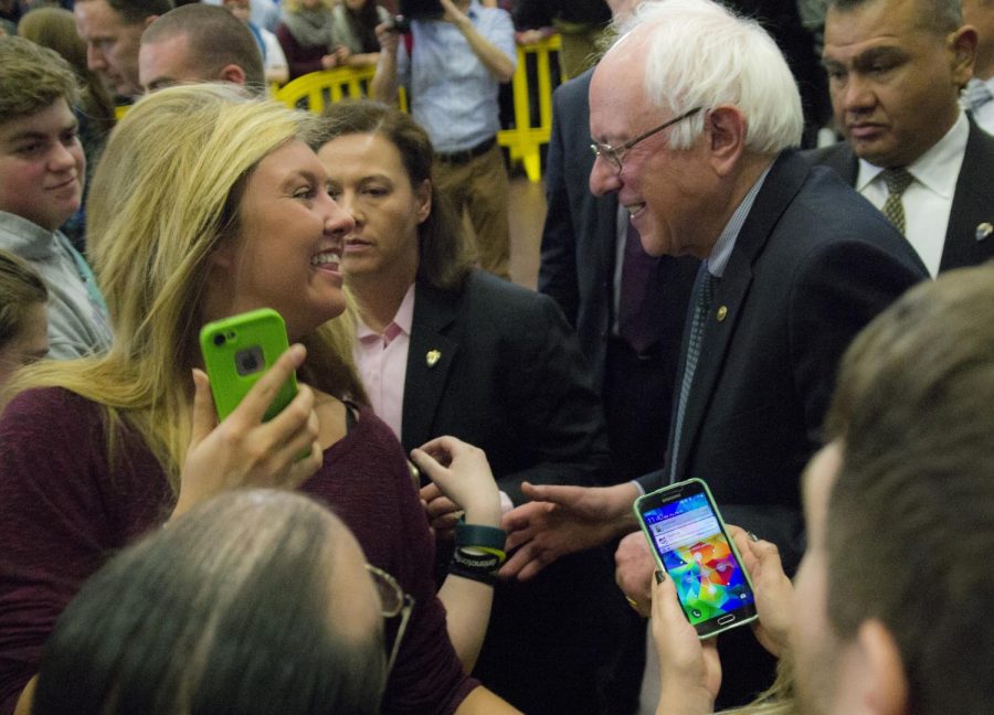 Presidential nomination hopeful Bernie Sanders meets with supporters after his rally at Baldwin Wallace University on Feb. 25, 2016.