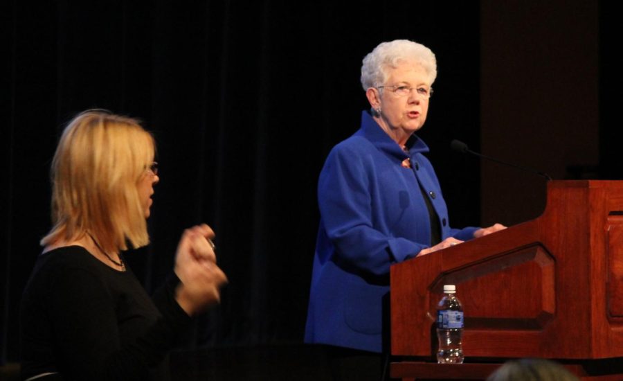 Former Kent State and Bowling Green president Carol Cartwright gives her keynote presentation on “Anniversary Reflections” at the Mothers, Mentors, and Muses Scholarship Fundraiser on Tuesday, March 8, 2016.